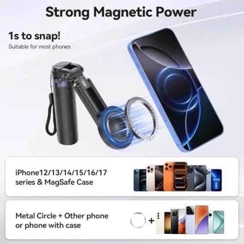 UTEBIT Mini Magnetic Selfie Stick Tripod, Extendable Selfie Stick with Wireless Remote & Handy Capgrip Aluminium Phone Tripod Stand with Horizontal Shooting for iPhone 17 16 15, Android Phones — view 3