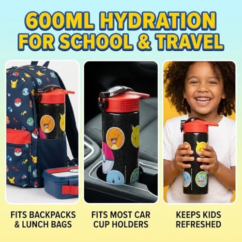 HOX Collection Pokémon 600ML Flip Up Straw Drinks Bottle Reusable BPA-free Plastic Water Bottle with Carry Loop Removable straw & spills Proof Pokémon licensed Merchandise, Black — view 3