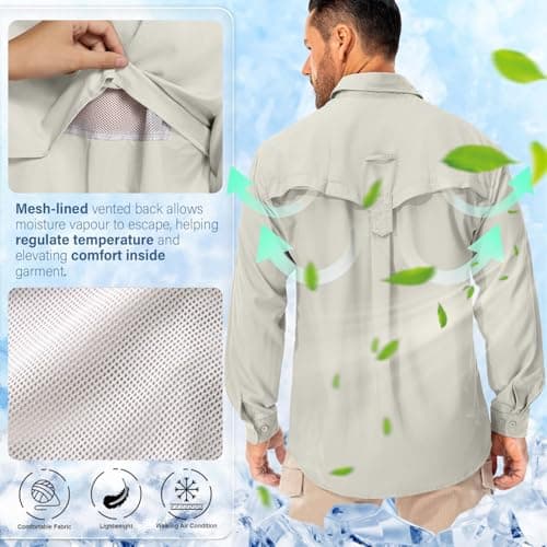 mosingle Men's Long Sleeve Hiking Shirt, Sun UV Protection Safari Fishing Outdoor Shirt Quick Drying Lightweight Walking Travel Shirts #5053-Light Khaki-M — view 4