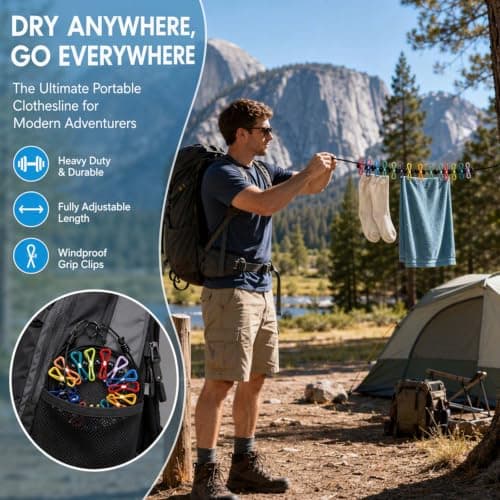 Focenat 2 Pack Travel Clothes Line, Retractable Washing Line with 24 Pegs — view 3