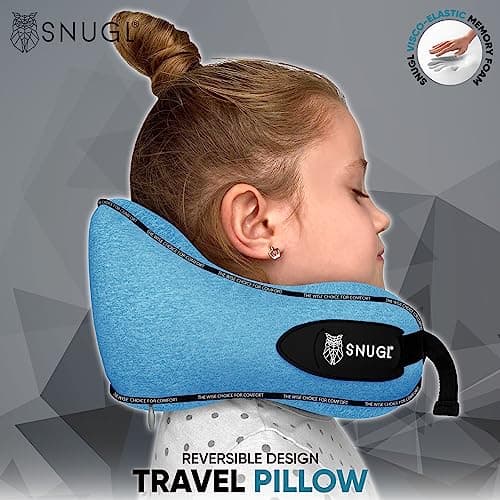 SNUGL Travel Pillow – Memory Foam Neck Pillow for Travel – Support Cushion for Airplane with Carry Bag & Clip - Holiday Essentials for Kids (Coral Blue - Kids) — view 2