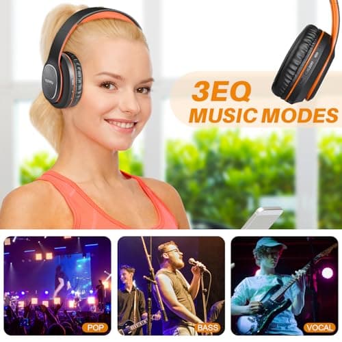 WorWoder Wireless Headphones Over Ear, 80 Hours Playtime Bluetooth Headphones, Hi-Fi Stereo Sound with Microphone, Lightweight Headset with Deep Bass for Travel Work PC Cellphone（Black-Orange） — view 3