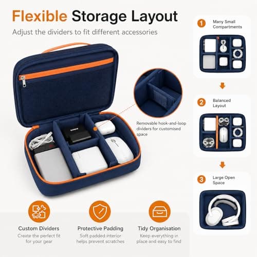 FAVORTALK Cable Organiser Bag Travel Portable Electronics Accessories Storage Bags with Removable Bulkhead for Gadgets Cables Charger Adapter Power Bank Hard Disk 24.5×29×10cm, Navy Blue B21606 — view 3
