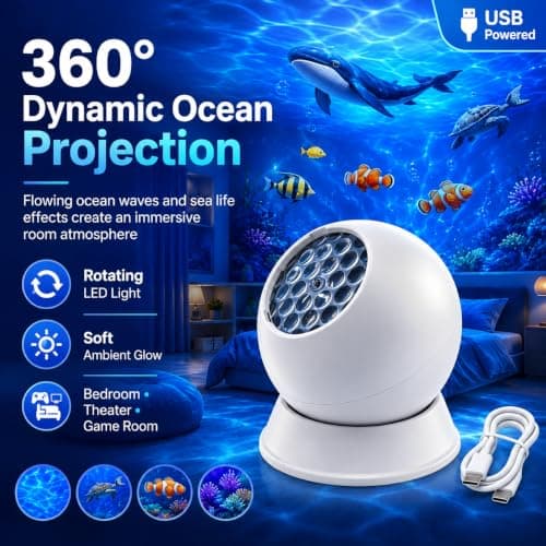 Ten Treasure 360° Dynamic Rotating LED Ocean Wave Night Projector Light USB Powered Ocean Projector Light with Ambient Lighting, Adjustable Multi-Angle Base, for Bedroom,Theater (Ocean) — view 2