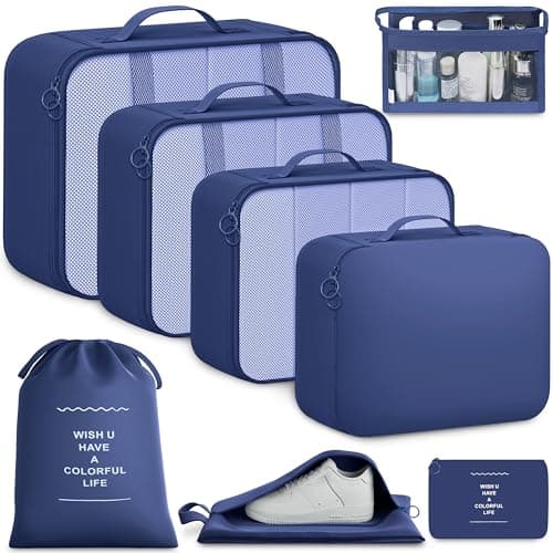 BAGAIL 8-Piece Packing Cubes Set, Travel Organizers with Breathable Mesh & Shoe Bag, Lightweight Nylon Packing Organisers for Luggage Suitcase, 9 Colors - Navy