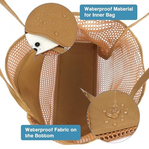 Poeruse Beach Mesh Tote Bag, Beach Bags for Women with Zip, 26L Mesh Handbags, Travel Shopping Handbag for Holiday (Brown) — view 4