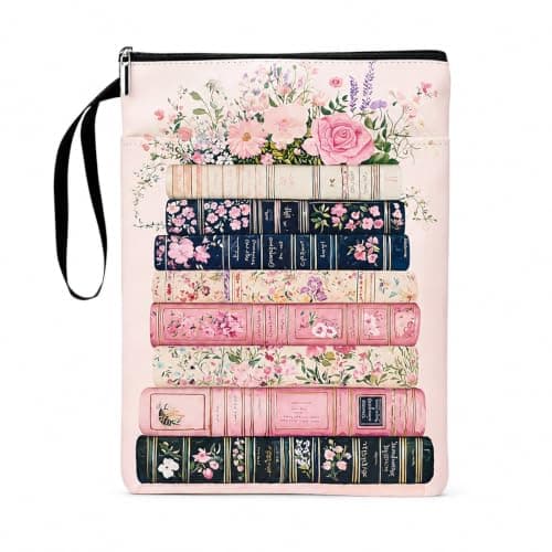 Floral Book Sleeve Pouch, Washable Fabric Cloth Book Cover Bag with Zipper and Extra Pocket, Portable Notebook Protector for Kindle, Textbook, Gift for Reading Lovers Women Friend