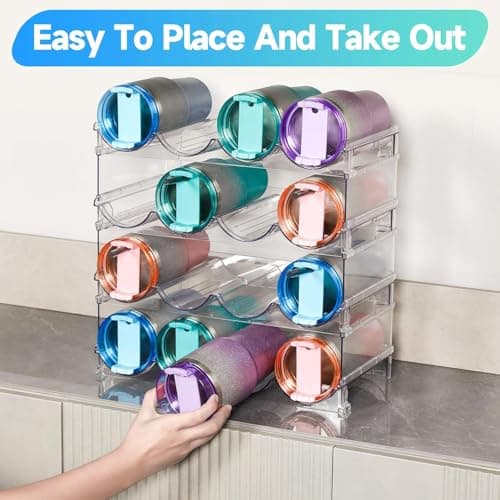 KAHEIGN 4Pcs Water Bottle Organizers, 39CM x 21CM Clear Stackable Tumbler Storage Rack Plastic Water Bottle Holder for Fridge Kitchen Cabinet Pantry Wine Bottles Mug Cup Drink (Hold 16 Bottles) — view 5