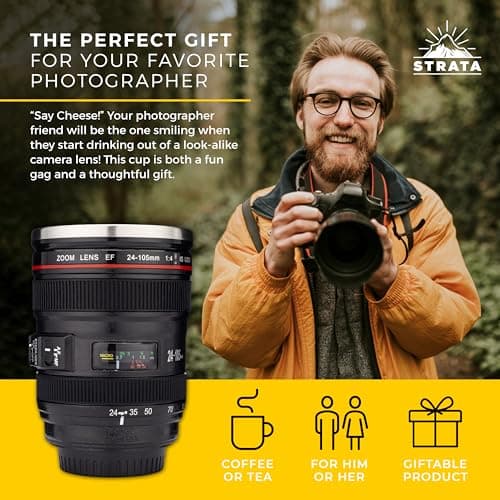 STRATA CUPS Camera Lens Coffee Mug -13.5oz | (2 LIDS + Spoon + Bag) Gift for Him, Dad Gifts, Photography, Camera Accessories, Novelty Gifts — view 4
