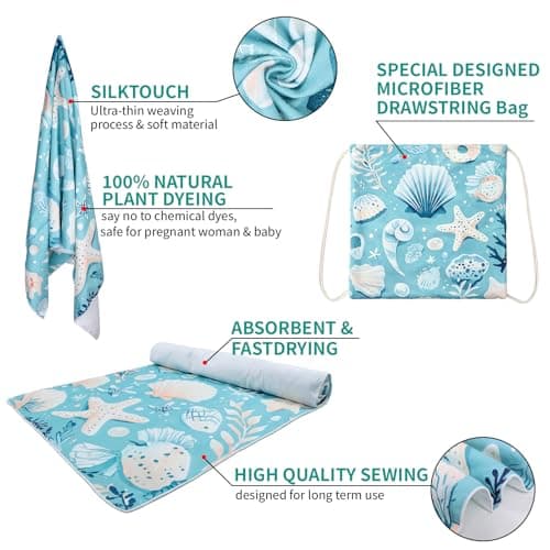 Poeruse Microfibre Beach Towel, 140 x 70 cm Large Microfibre Beach Towels for Adults, 2 in 1 Beach Towel Drawstring Bag Fast Dry Sand Free, for Beach, Pool, Camping, Yoga & Outdoor (A) — view 2