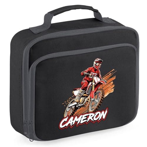 Red Personalised Dirtbike Lunch Bag for Kids Off Road Motorbike Back to School Nursery Lunchbox, 24cm x 20cm x 8cm, Black