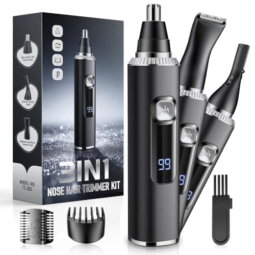 Nose Hair Trimmer for Men,3 in 1 USB Nose Trimmer with LED Display,Painless Dual Edge Blades Nasal Hair Trimmers for Men,Eyebrow Razor Scissors,Ear Facial Hair Remover,IPX7 Waterproof,Easy Cleansing