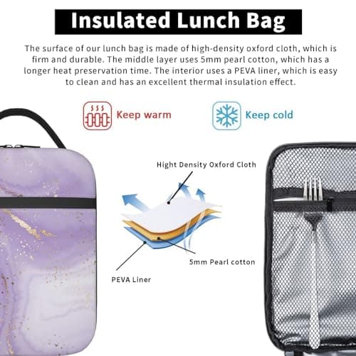 cromcu Lavender Marble Insulated Lunch Box for Women Girls Nature Lovers,Polyester Reusable Cooler Lunchbox Gifts,Purple Texture Leakproof Lunchbag for Work,Picnic,Travel,Hiking,Fishing,Camping — view 6