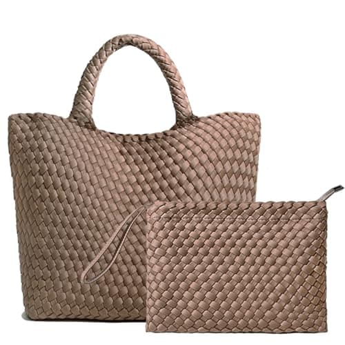 JINMANXUE Fashion Hobo Bag Handmade Woven Casual Female Handbag Large Capacity Neoprene Tote Bag Patchwork Women Shoulder Bags, Khaki
