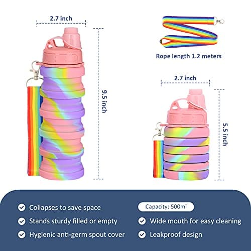 Newthinking Silicone Water Bottle for Kids, 500 ml Portable Collapsible Water Bottles, Leak Proof Silicone Drink Bottles with Lanyard Straps for Girls and Boys (Pink) — view 2