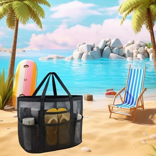 Mesh Beach Bag，Large Tote Bag Causal Pool Bags Beach Vacation — view 2