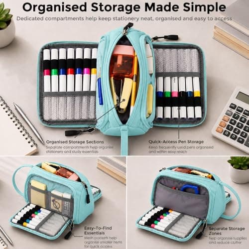 SharkByte Large Pencil Case Organiser, Big Capacity Aesthetic Stationery Storage Pouch with Compartments, Trendy Desk Setup Pen Holder for Students, Study, Makeup, Travel Essentials & Accessories Bag — view 2