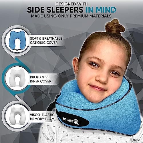 SNUGL Travel Pillow – Memory Foam Neck Pillow for Travel – Support Cushion for Airplane with Carry Bag & Clip - Holiday Essentials for Kids (Coral Blue - Kids) — view 5