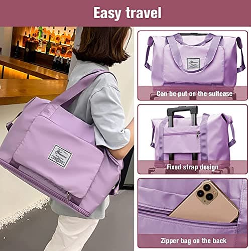 Large Capacity Folding Travel Bag - Lightweight Waterproof Carry On Luggage with Fixed Strap, Dry & Wet Separation - Foldable Travel Duffel Bag for Sports & Gym (Purple) — view 4