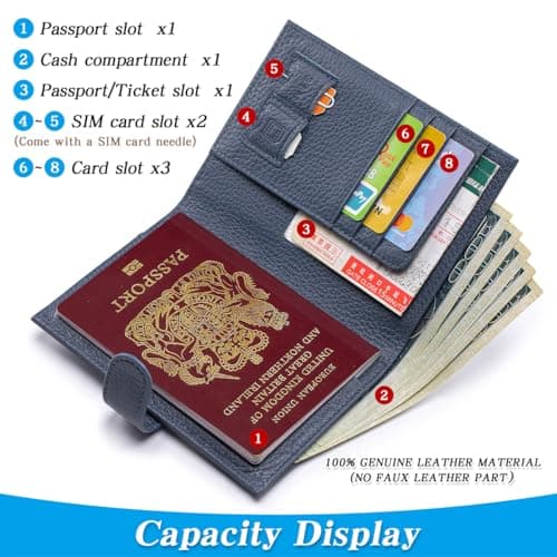 FREYAMIRA Passport Holder for Travel Women RFID Blocking Genuine Leather Passport Wallet with Card Slots, Zipper Coins Pocket, Cash Holder, Navy Blue — view 2