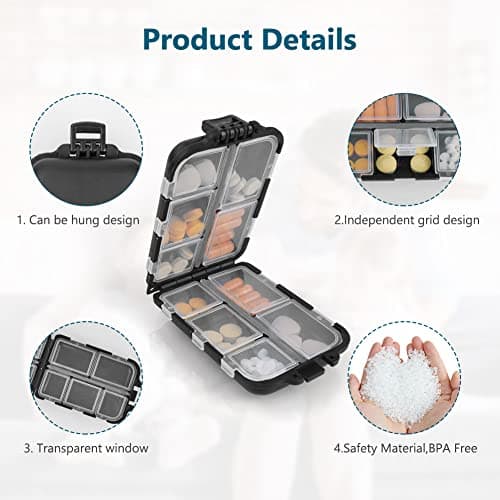AOOWU Pill Box Organiser, 1PCS Portable Medicine Storage Box, Double Layer 10 Grids Tablet Organiser to Hold Vitamins, Cod Liver Oil, Supplements and Medication for Travel Work(C-Black) — view 4