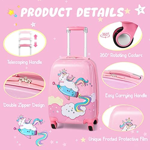 HOMFME 2 PCS Kids Luggage Set, Children Suitcase and Backpack Set with Adjustable Handle and Universal Wheels, Hard Shell Toddler Trolley Case for Travel School (12 + 18 Inch, Pink Unicorn) — view 3