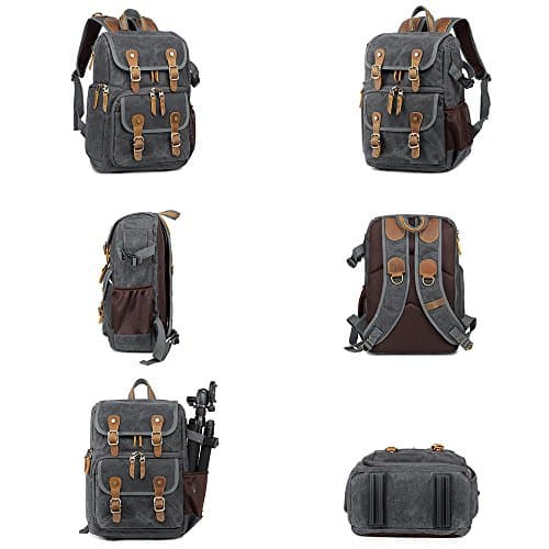 YuanWen DSLR Camera Canvas Backpack Large Capacity Front Open Waterproof Anti-shock SLR/DSLR Camera Rucksack Camera Travel Bag Professional Camera Bag Gray — view 3