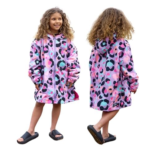 OHS Drying Robe for Kids, Lightweight Leopard Print Waterproof Jacket for Girls Breathable Packable Wind Resistant Rain Jacket for Outdoor Activities, Lilac Leopard Print