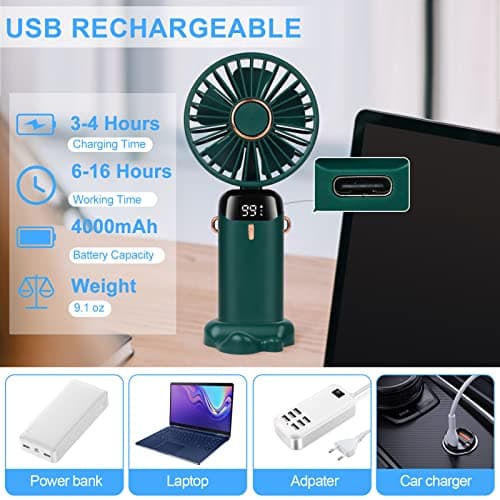 LYMYBETY Portable Handheld Fan, 4000mAh Mini USB Rechargeable Fan with Digital Display, Small Personal Pocket Fans with 5 Speeds, Hand Held Fans with Lanyard and Base for Home Travel (Green) — view 3
