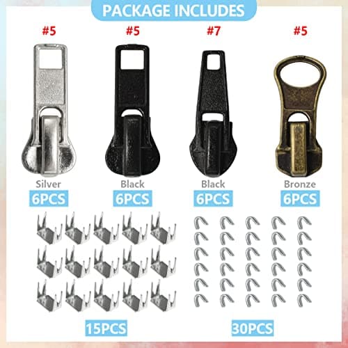 24 Pcs #5#7 Zipper Sliders Replacement Zipper Pull Repair Kit Includes top and Bottom stoppers for Clothing Bags Purses Luggage Metal Plastic Nylon Coil Jacket Zippers Supplies — view 2