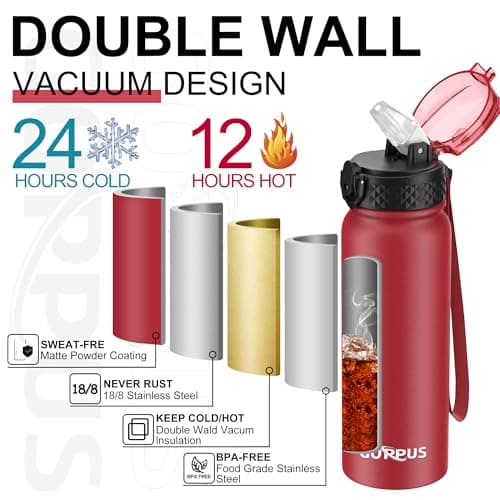 GOPPUS 600ml/20oz Stainless Water Bottle with Straw Double Wall Insulated Bottles with Strap One Hand Open Vacuum Thermal Flask with Flip Top Lid Leakproof Keep Cold Drinks BPA Free (Red) — view 5