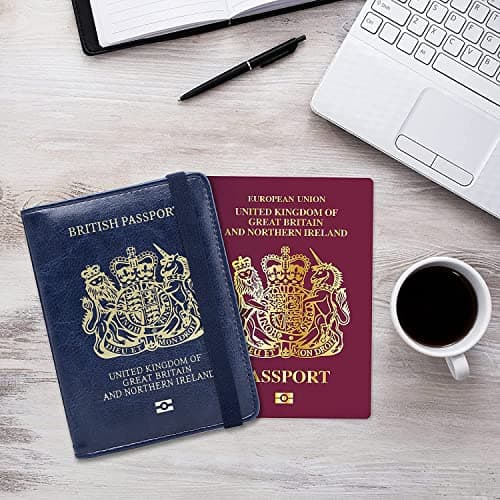 UK Passport Cover, RFID Blocking PU Leather Passport Holder Blue Band — view 2