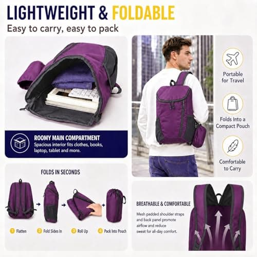 NWDEY Lightweight Foldable Backpack, Waterproof Small Rucksack with Flip Top Main Compartment, 160g Packable Casual Daypack for Men Women Kids, Perfect for Hiking Camping Travel Cycling (Purple) — view 4