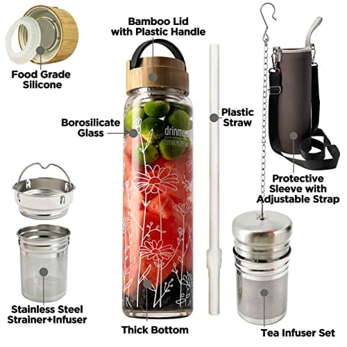 drinmoaer 1L Borosilicate Glass Water Bottle with Bamboo Lid and 2 Tea Infuser Sets for Fruit Infused Water and Cold Brew Coffee - Glass Travel Tumbler with Strainer for Loose Leaf Tea (Flower) — view 5