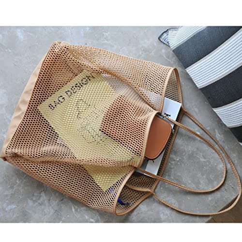 Hoxis Mesh Beach Tote Womens Shoulder Handbag, Tan, Large — view 3
