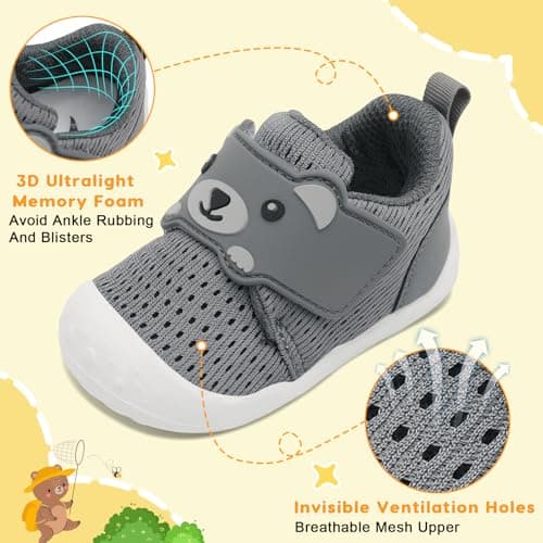 JOINFREE Baby Walking Wide Shoes Infant Boys Girls Breathable Barefoot Shoes Crib Tennis Shoes Lightweight Non-Slip Sneakers First Walkers All Grey 12-18Months — view 5
