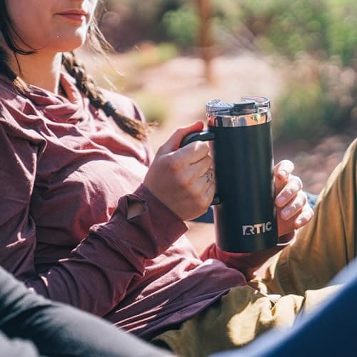 RTIC 20oz Road Trip Travel Mug with Lid and Handle, Ceramic Lined, Insulated, Stainless Steel, Metal, Double Wall Vacuum-Insulation, Portable Coffee, Tea Cup for Hot and Cold Drink, Black — view 6