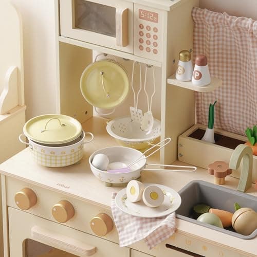 ROBUD Pots and Pans Playset, 8PCS Toy Kitchen Accessories Utensils Set, Kids Kitchen Cooking Set for Pretend Play Food, Kids Gifts for Girls Boys 3 Year Old +, Yellow — view 3