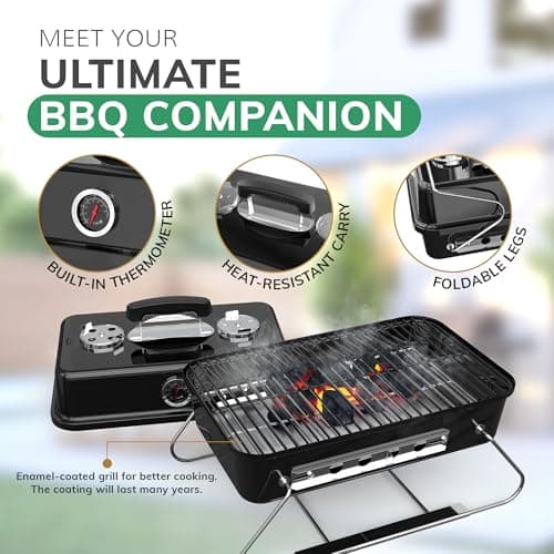 House of Home Portable Charcoal BBQ Grill – Compact Folding Barbecue with Thermometer, Heat Resistant Ash Catcher, Air Vents & Enamel-Coated Rack – Perfect For Camping & Garden Cooking (Black) — view 4