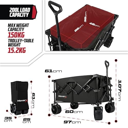 MoverX 200L Camping Trolley on Wheels, Table Folding Wagon, Portable Camping Cart, Foldable Trolly for Festival Beach Outdoor Garden Picnic Shopping Fishing, Wide Wheels, Adjustable Handle, Black — view 3