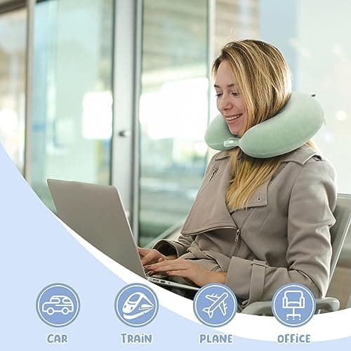 WENGX Travel Pillow Neck Pillow Memory Foam Travel Pillows Head Support Cushion for Airplane Train Car Office Travel Essential Flight Pillows for a Long Hauls Sleeping Rest (Green) — view 3