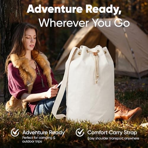 Canvas Duffel Bag - Drawstring, Leather Closure, Shoulder Strap. — view 6