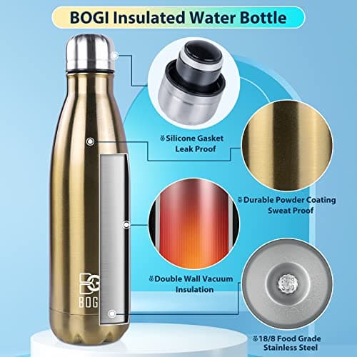 BOGI 17oz Insulated Water Bottle Double Wall Vacuum Stainless Steel Bottle Leak Proof keeps Hot and Cold Drinks for Outdoor Sports Camping Hiking Cycling, Comes with a Cleaning Brush Gift (Champagne) — view 3