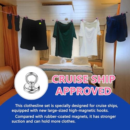 Magnetic Retractable Clothes washing Line for Cabin - Approved 2026 Cruise Essentials Clothes Drying Rack Travel Clothesline with Clothespins -4 Luggage Tags Strong Magnets Hooks (Pink) — view 2
