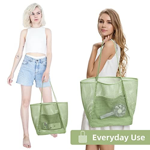 KALIDI Mesh Tote Bag,23L Beach Bag Extra Large Tote Bags for Women with Zip Pocket Shoulder Bag Summer Beach Bags Reusable Shopping Bag for Picnic Holiday Travel Grocery,green — view 6