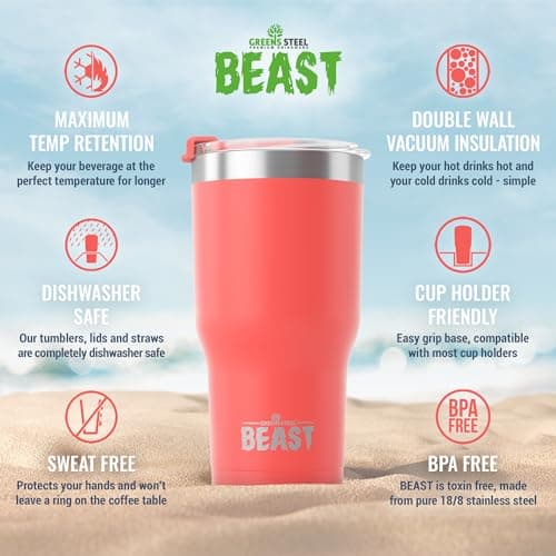 Beast Tumbler - 900 ml (30 oz), Coral Pink | Reusable Stainless Steel, Vacuum Insulated Cup | with + 2 Straws & Cleaning Brush | Double Wall Travel Flask Perfect for Hot or Iced Coffee | BPA Free — view 6