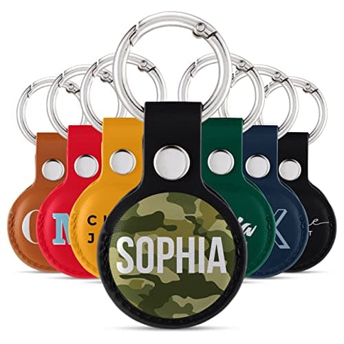 Tirita Personalised Case Keyring Holder Compatible with Apple AirTag 1 & 2 - Leather Case with Key Ring for Apple Air Tag [29- Camo Green Name on Black]