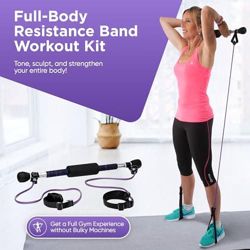 Gym Magic Pilates Reformer Bar Yoga Stick with Resistance Bands & Online Videos - Full Body Workout Fitness Kit with Padded Neck Support, Comfort Grip Handles & Latex Bands — view 2