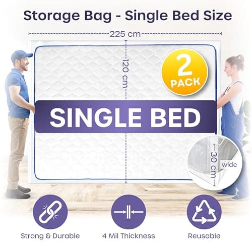 Single Heavy Duty Mattress Cover for Moving - 2 Pack Reusable Waterproof Mattress Bags for Moving, Storage and Protect Beds from Stain, Dust, and Pest Damage - 225 x 120 x 30cm Mattress Bag (92.5gsm) — view 2