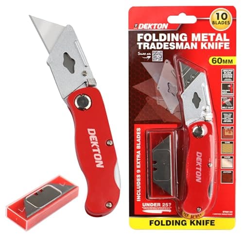 Dekton Folding Metal Tradesman Knife with Ergonomic Handle Rapid Blade Change Zinc Alloy Body Belt Clip and Folding Lock Includes Spare Blades for Vinyl Rubber Plastics and Carpet